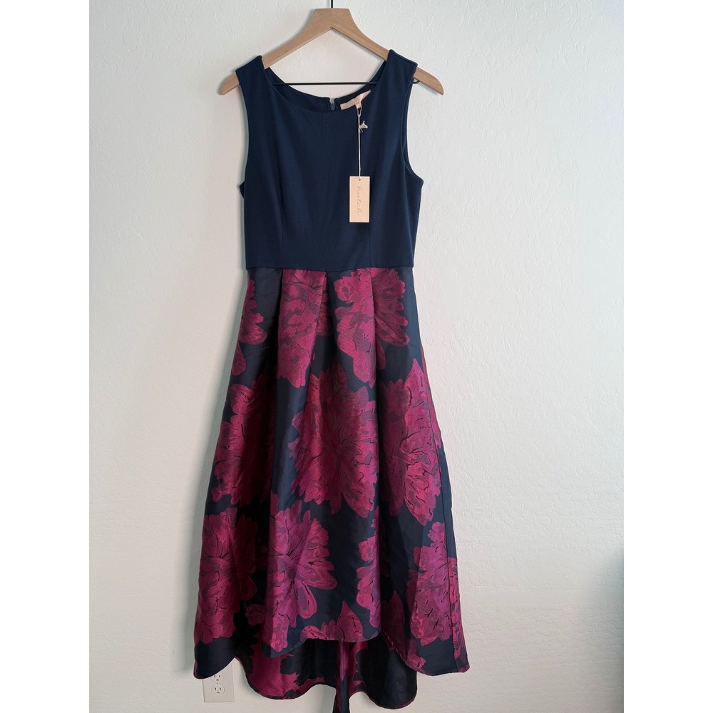 NWT Hutch Navy Blue Magenta Floral Brocade High Low Midi Dress with Pockets  6